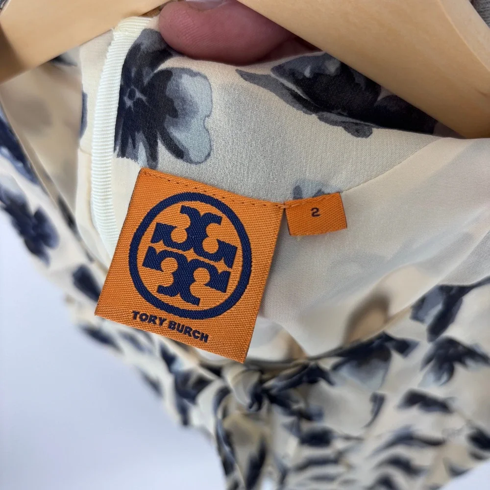 Tory Burch Cecilia Floral Pleated Dress Sz 2 Blue Cream A-Line Bow‎ Neck Chiffon